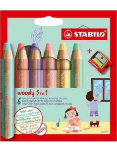 Lapiceros de colores pastel Woody 3 en 1 - 6 uds.+ sacapuntas
