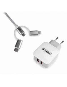Cargador USB de viaje/pared 2 x USB (2.4A) + Cable 3en1