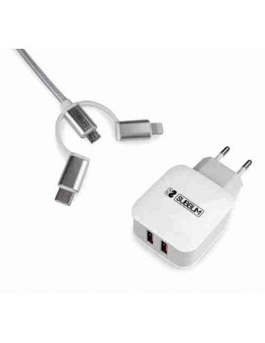 Cargador USB de viaje/pared 2 x USB (2.4A) + Cable 3en1